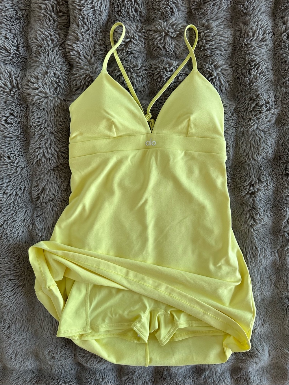 ALO Yoga Lemon Yellow Strappy Tennis Dress with Built-In Shorts